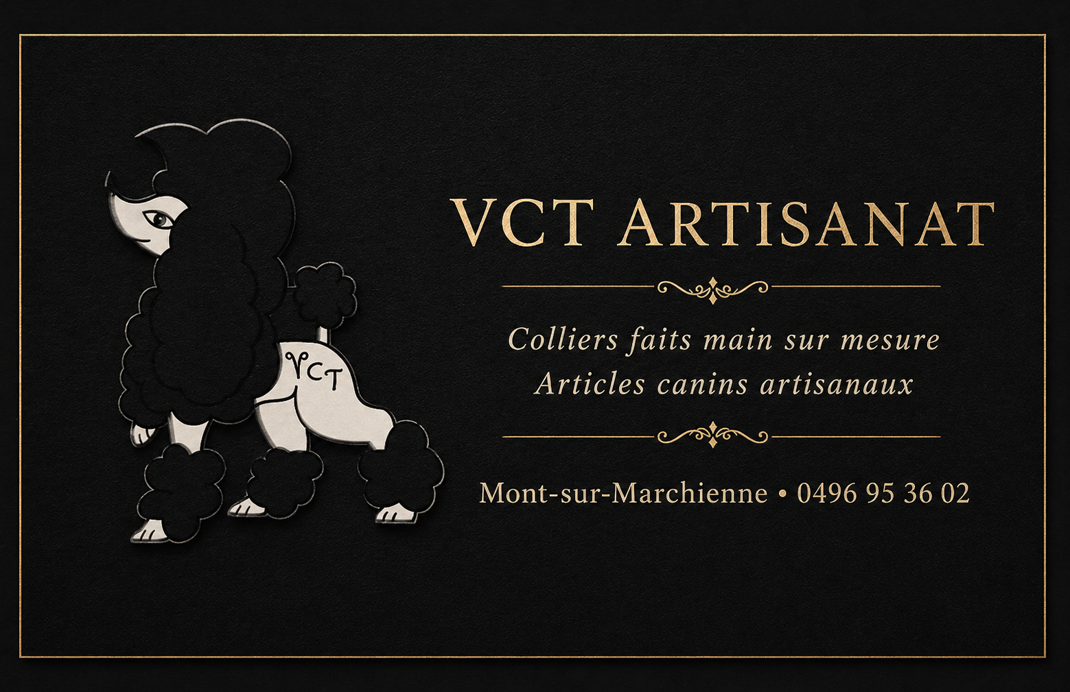 Carte de visite VCT Artisanat, colliers faits main et articles canins artisanaux
